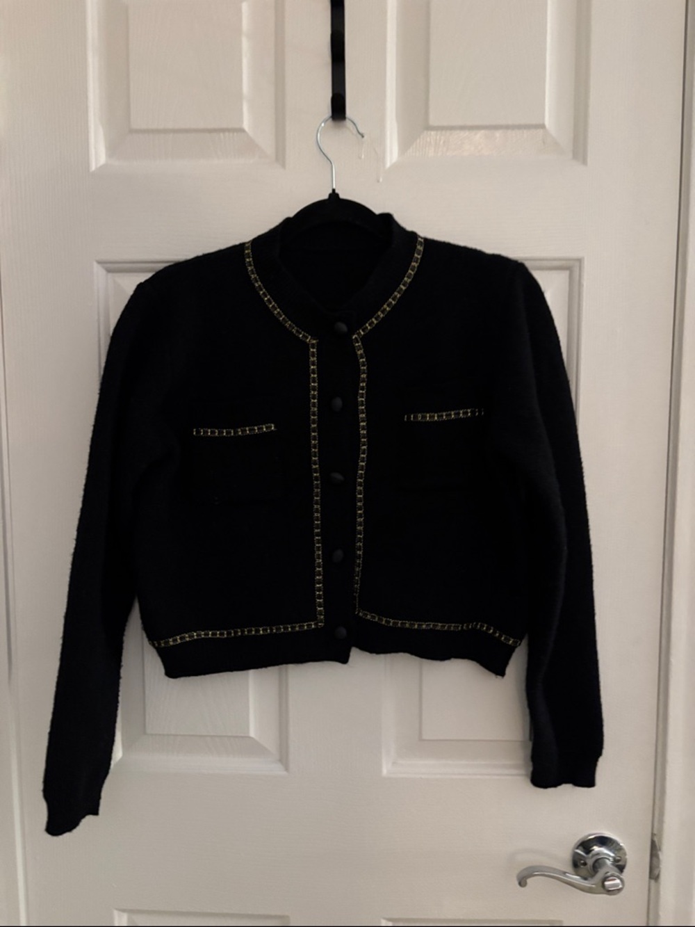 Black Knit Cardigan Jacket with Gold Chain Trim